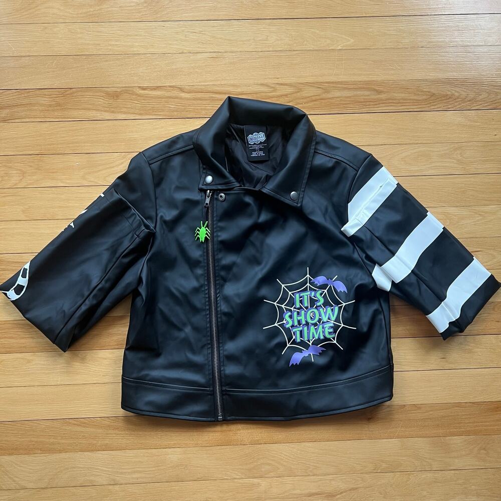 Halloween Beetlejuice Jacket Womans Large Faux Leather Black Multi Bomber